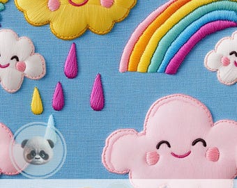 3d Kawaii Rainbow Cloud Seamless Pattern, Faux Embroidered Nursery Digital Paper, Cute Baby Shower Craft Supply, Kids Birthday Decoration