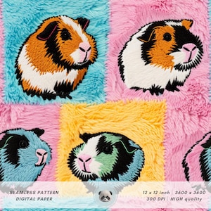 May include: A seamless digital paper pattern featuring colourful guinea pigs on a fuzzy background. The pattern is available in a 12x12 inch size with 3600x3600 pixels and 300 DPI.