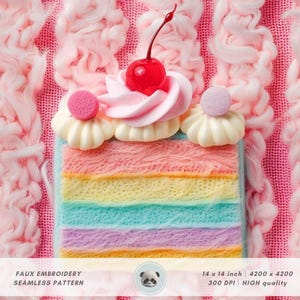 3D Bunt Layer Kuchen Muster, Faux Stickerei Wollfilz Dessert Stoff Design, Digital Papier, Gefälschte Geburtstagstorte, Kirsche auf der Oberseite