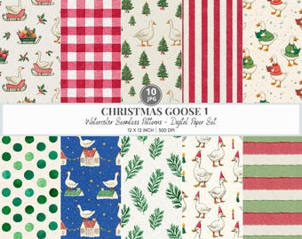 Watercolor Christmas Goose Seamless Digital Paper Set, Farmhouse Xmas Scrapbook Kit, Country Holiday, Red Green Winter Pattern, Bundle Print