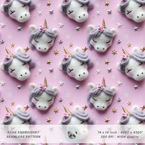 May include: A seamless pattern featuring a repeating design of white unicorn faces with purple manes and gold horns on a pink background. The unicorns are surrounded by gold and silver stars.