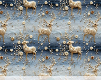 3d Golden Reindeer Seamless Pattern, Faux Embroidery Christmas Fabric Sublimation Design, Printable Digital Paper, Instant Download