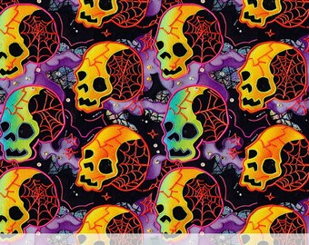 Calavera de neón aterradora 3D, patrón sin costuras con bordado falso, sublimación de tela de Halloween, fondo espeluznante, telaraña espeluznante, archivo brillante