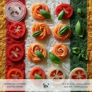 3d Italian Pasta Seamless Pattern, Faux Embroidery Kitchen Decor Print, Felt Tomato, Fake Food Wallpaper Design, Foodie Gift Digital Paper