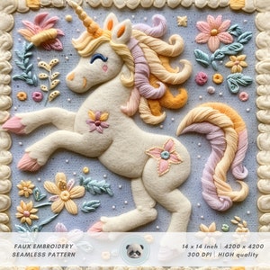 Può includere: Un unicorno bianco con criniera e coda gialla e rosa, circondato da fiori colorati, su uno sfondo blu. L'immagine è un motivo senza cuciture, perfetto per progetti di ricamo.