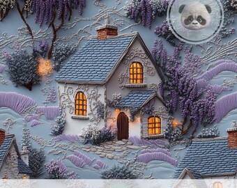 3d Cozy Cottagecore Seamless Pattern, Faux Embroidered Lavender Digital Paper for Whimsical Fairytale Fabric, Scrapbooking & Journals
