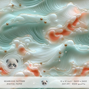 May include: Seamless digital paper with a flowing, abstract design. The pattern features swirling shapes in shades of teal, white, and coral, accented with gold detailing and small, gold-colored spheres. The text reads "SEAMLESS PATTERN DIGITAL PAPER 12 x 12 inch 3600 x 3600 300 DPI HIGH quality."