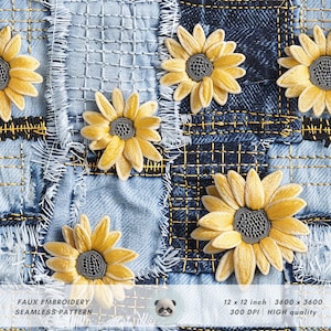 3D gula prästkragar på denim sömlöst mönster, faux broderi för tyg sublimering, lapptäcke blommig bakgrund, slitna jeans textur