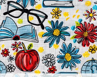 3d Back to School, Fabric Sublimation Elementary Student Design, Book Lovers Gift, Red Apples, Reading Glasses, School Globe, Floral File