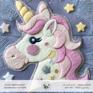 May include: A faux embroidery pattern featuring a white unicorn with pink and yellow details. The unicorn is surrounded by stars on a blue background. The pattern is 14 inches by 14 inches and has a resolution of 4200 by 4200 pixels.