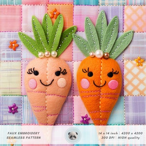 3d Kawaii Carrot Seamless Pattern, Faux Embroidery Patchwork Fabric, Fake Felt Vegetables, Pastel Digital Paper, Kids Sublimation Design