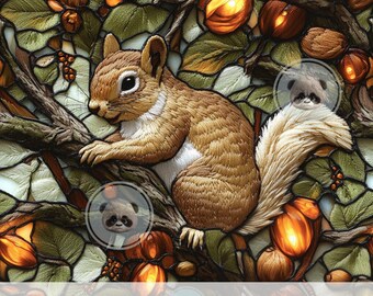 3d Vintage Squirrel Stained Glass Nuts Seamless Pattern, Faux Embroidery Forest Animals, Woodland Tumbler Sublimation Design, Rustic Print