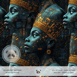 May include: Seamless digital paper featuring a repeating pattern of a profile of a person with teal skin, adorned with a gold headdress and intricate gold circuitry details. The image includes the text "SEAMLESS PATTERN DIGITAL PAPER" and "12 x 12 inch 3600 x 3600 300 DPI HIGH quality".