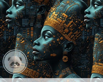 3d Afrofuturism Print African Queen Seamless Pattern Digital Paper, Bold Tech Tribal Art, Black Culture Wall Decor, Scrapbook, DIY Crafts