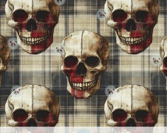 Gothic Skull Plaid Seamless Pattern, Grunge Tartan Digital Paper, Dark Academia Fabric for Alt Decor, Sublimation, Junk Journal & Scrapbook