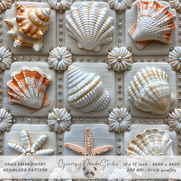 3d Sea Shells and Starfish, Faux Embroidery Seamless File for Fabric Sublimation, Summer Pattern, Printable Digital Paper, Beach Lover Gifts