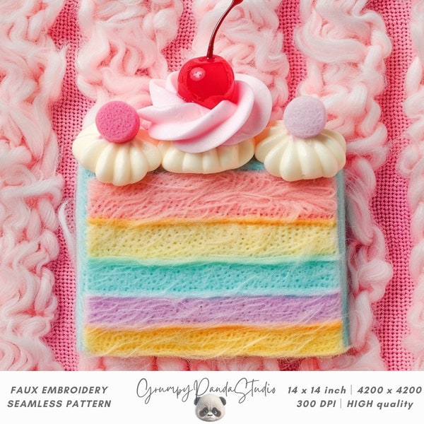 3d Colorful Layer Cake Seamless Pattern, Faux Embroidery Wool Felt Dessert Fabric Design, Digital Paper, Fake Birthday Cake, Cherry on Top