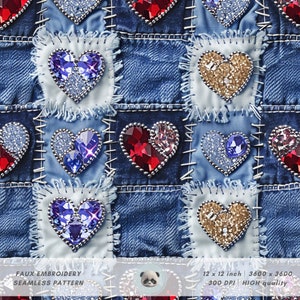 May include: A seamless pattern featuring a patchwork of denim squares with faux embroidered hearts. The hearts are decorated with rhinestones and glitter in various colors, including red, blue, and gold.