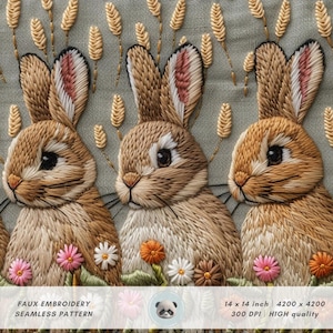 Motif 3D sans couture de lapins de Pâques, fausse broderie fleurs printanières sublimation de tissu, lapin amoureux, motif répétitif, papier numérique