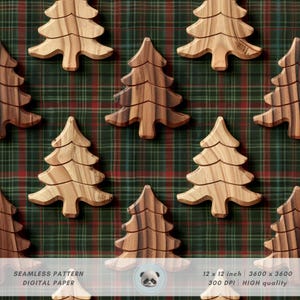 Peut inclure: Motif numérique sans couture représentant des décorations de Noël en bois sur un fond à carreaux vert et rouge. Le motif mesure 12 pouces sur 12 pouces et 3600 pixels sur 3600 pixels.