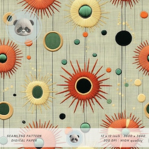Könnte beinhalten: Ein nahtloses digitales Papiermuster mit gestickten Sonnenstrahl-Designs in Orange, Gelb und Schwarz, mit grünen und orangefarbenen Akzenten. Das Design enthält den Text "SEAMLESS PATTERN DIGITAL PAPER" und "12 x 12 inch 3600 x 3600 300 DPI HIGH quality".