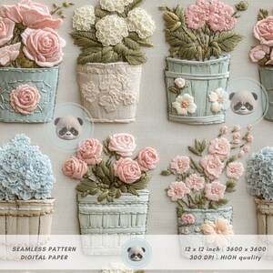 May include: A seamless pattern digital paper featuring embroidered floral arrangements in pastel pink, white, and blue colors. The flowers are arranged in pots with a rustic, vintage aesthetic. The pattern is perfect for crafting projects, scrapbooking, and digital design.