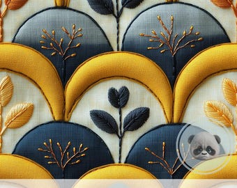 3d Retro Art Deco Yellow Navy Seamless Pattern, Embroidered Botanical Digital Paper for Modern Folk Art, Scrapbooking, Wall Art Projects