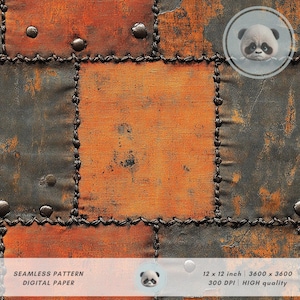 May include: A seamless digital paper pattern with a patchwork design. The design features squares of orange and gray textures, stitched together with dark thread and secured with metal rivets. The text at the bottom reads "SEAMLESS PATTERN DIGITAL PAPER 12 x 12 inch 3600 x 3600 300 DPI HIGH quality."