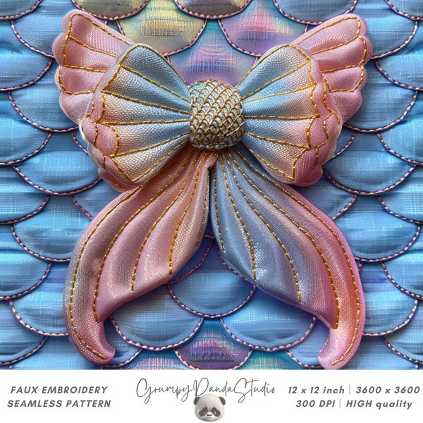 3d Mermaid Tail Bow Seamless Fabric, Faux Embroidery Fabric Sublimation Design, Sparkle Fish Scales Texture, Opalescent Digital Paper