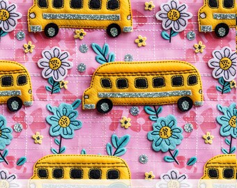 3d Yellow School Bus, Faux Embroidery Fabric Sublimation, Back to School Digital Paper, Kids Planner Cover Design, Floral Pink Background
