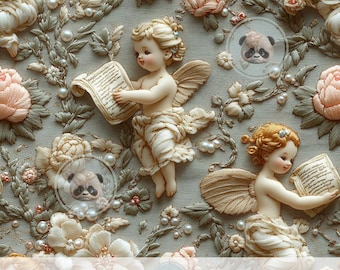 3d Vintage Angel Seamless Pattern, Rococo Cherub Digital Paper, Faux Embroidery Floral Art for Wedding, Valentines, Scrapbook & Junk Journal