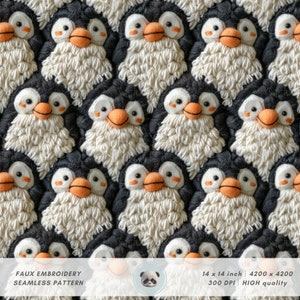 3D Zottelpinguin Nahtloses Muster, Faux-Stickerei-Tier für Stoffsublimationsdesign, druckbare Wintervögel, Becherverpackungsdesign, Kinderdatei