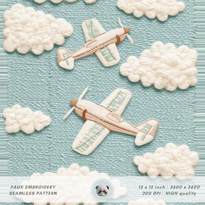 Modello 3D senza cuciture di aeroplano, design in maglia pastello con ricamo finto, viaggio tra le nuvole, carta digitale per neonati, graziose stampe aeronautiche
