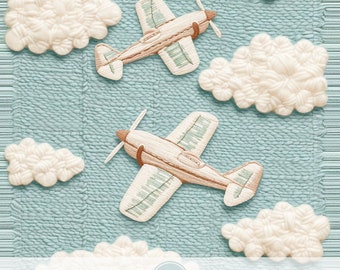 3d Airplane Seamless Pattern, Faux Embroidery Pastel Knit Fabric Design, Travel In The Clouds, Baby Boy Digital Paper, Cute Aviation Prints