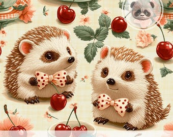 Cottagecore Hedgehog Seamless Pattern, Cute Animal Tea Party Digital Paper for Nursery Decor, Scrapbook, Custom Fabric Print