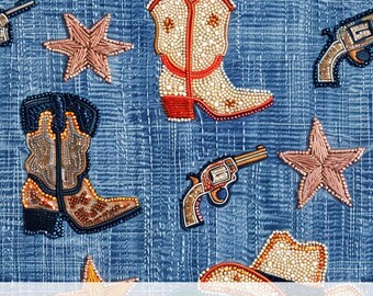 3d Coquette Cowgirl Western Decor Prints, Glitter Cowboy Denim Wallpaper Sublimation Design, Cowboy Hat and Cowgirl Boots Seamless Pattern