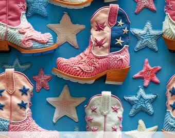 3d Coquette Cowgirl Boots Seamless Pattern, Pink Cowboy Prints, Wild West Digital Paper, Western Fabric Sublimation Design, Cute Scrapbook