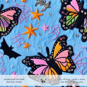 May include: A seamless pattern digital paper featuring a blue background with pink, orange, and black butterflies, stars, bats, and spiderwebs. The pattern is 12 inches by 12 inches and 300 DPI.