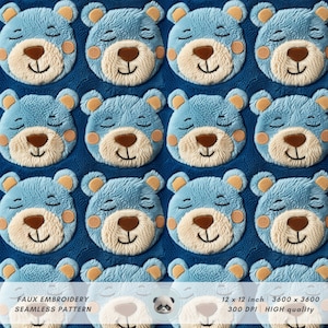 May include: Seamless pattern featuring a repeating design of blue teddy bear faces with closed eyes and a smile. The bears are embroidered on a blue background.