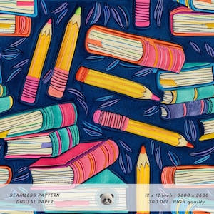 Nyckfullt tillbaka till skolan sömlöst mönster, BTS digitalt papper, söta blyertspennor, bokligt tryck, studentflicka tygdesign bokälskare present