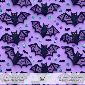 May include: A seamless pattern featuring purple bats with black wings and orange eyes on a purple background with scattered purple and turquoise sequins. The text "FAUX EMBROIDERY SEAMLESS PATTERN" is at the bottom of the image. The image is 12 inches by 12 inches and 300 DPI.