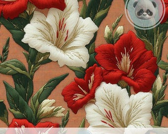 3d Vintage Gladiolus Flowers Seamless Pattern, Red and White Botanical Digital Paper for Maximalist Decor, Floral Scrapbook & Garden Journal