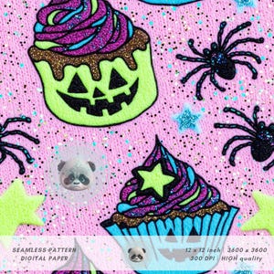 May include: Seamless digital paper with a pink background featuring Halloween-themed cupcakes, spiders, and stars. The cupcakes have green, brown, purple, and blue frosting. The image includes the text "SEAMLESS PATTERN DIGITAL PAPER" and "12 x 12 inch 3600 x 3600 300 DPI HIGH quality".