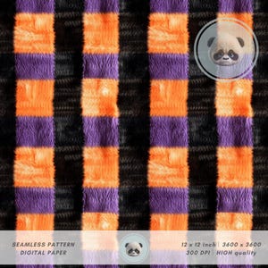 May include: A seamless digital paper pattern featuring a repeating checkerboard design. The pattern alternates between orange, purple, and black faux fur squares. The image includes the text "SEAMLESS PATTERN DIGITAL PAPER" and "12 x 12 inch | 3600 x 3600 | 300 DPI | HIGH quality."