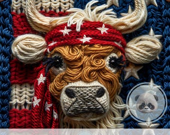3d 4th of July American Highland Cow Seamless Pattern, Faux