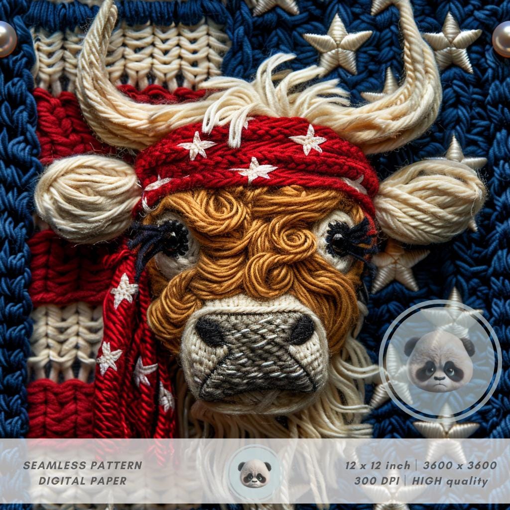 3d 4th of July American Highland Cow Seamless Pattern, Faux