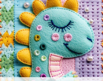 3d Cute Dinosaur Seamless Pattern, Faux Embroidery Felt Fabric Design, Nursery Dino, Colorful Backdrop, Pearls, Printable Digital Products