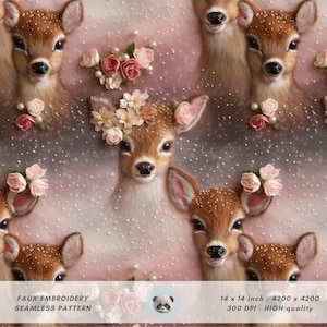 May include: A seamless pattern featuring a repeating design of cute fawn faces with pink and white floral embellishments. The background is a soft pink and gray gradient with a subtle snow effect.