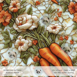 May include: A seamless pattern digital paper featuring embroidered flowers and carrots on a white background. The flowers are in shades of orange, white, and green. The carrots are orange and have a green stem. The pattern is 12 inches by 12 inches and is 3600 pixels by 3600 pixels.