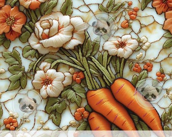 3d Floral Carrots Seamless Pattern, Faux Embroidery Vegetable, Repeating File for Spring Fabric Sublimation, Cottagecore Digital Paper Print